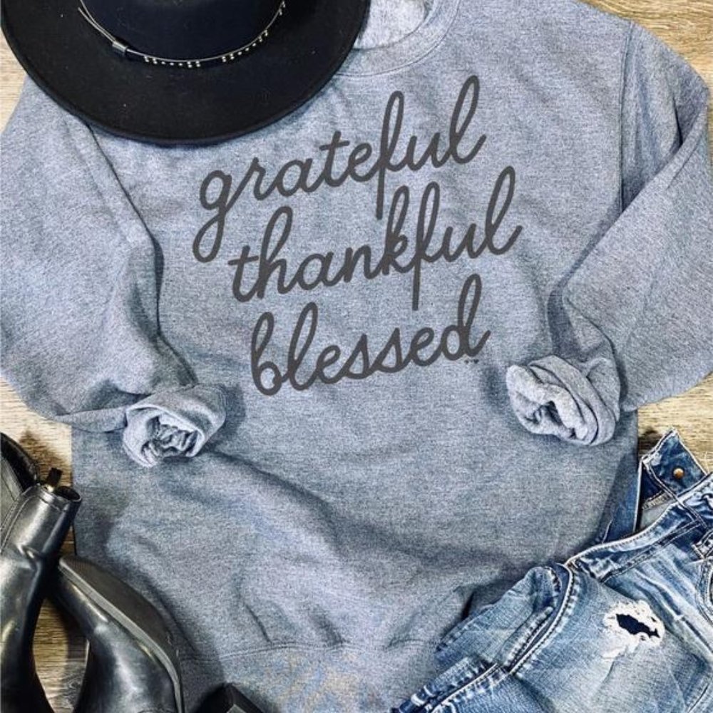 Blue Super Fleece Graphic Sweatshirt - "Grateful, Thankful, Blessed"